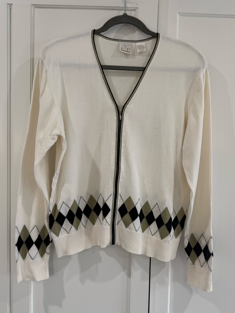 EP Pro Cream Zip-Front Argyle Cardigan with Black Trim